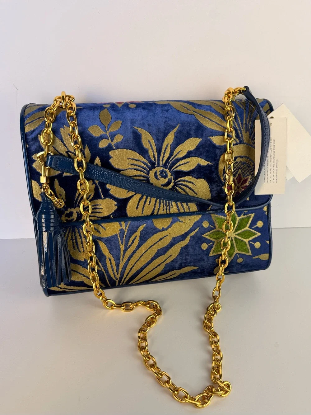 Tory Burch Cosmic Floral Velvet Shoulder Bag Blue Gold Chain $558